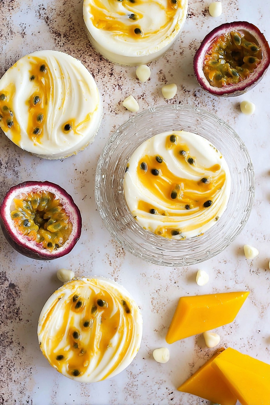 The image shows four round white treats with two visible layers: a creamy white base swirled with bright yellow and orange passion fruit sauce, creating a marbled effect with small black seeds scattered on top. They are arranged on a rough white marbled surface, with one treat placed on a clear swirled glass dish in the center. Around them are scattered small white chocolate chips, yellow mango slices on the bottom right, and a halved passion fruit with its juicy orange pulp and black seeds visible on the top left. The overall look is fresh and vibrant with a tropical feel. photo taken with an iphone --ar 2:3 --v 7 - Mango Passionfruit White Chocolate Cups, tropical fruit chocolate treats, easy fruit dessert recipes, summer flavor desserts, healthy chocolate cups