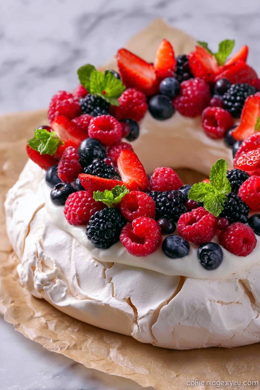 A round pavlova dessert is shown with three layers: the bottom layer is a thick, white, crisp meringue base with soft peaks and slightly cracked texture; the middle layer is smooth white cream spread evenly on top of the meringue; the top layer is decorated with fresh red strawberries, red raspberries, black blackberries, and dark blue blueberries arranged in clusters around the ring, accented with a few bright green mint leaves. The dessert sits on brown parchment paper with a blurred white marbled background. photo taken with an iphone --ar 2:3 --v 7 - Christmas Pavlova Wreath, festive pavlova dessert, holiday meringue wreath, Christmas fruit pavlova, festive holiday dessert