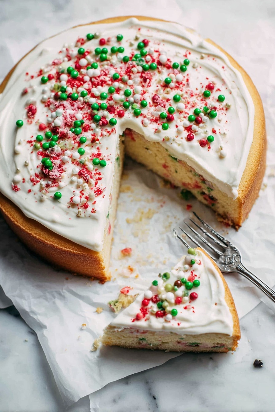 A round cake with a thick, golden-brown crust sits on white parchment paper over a white marbled surface. It has one smooth layer of white frosting spread evenly on top, decorated with colorful sprinkles in red, green, pink, and white pearls scattered all over. A triangular slice is removed and placed next to the cake, showing the inside of the cake which is light beige with multicolored bits embedded throughout. A silver fork rests near the slice, partly on the parchment paper. Photo taken with an iphone --ar 2:3 --v 7 - Sugar Cookie Cheesecake, sugar cookie cheesecake dessert, easy sugar cookie cheesecake, festive cheesecake dessert, no-bake sugar cookie cheesecake