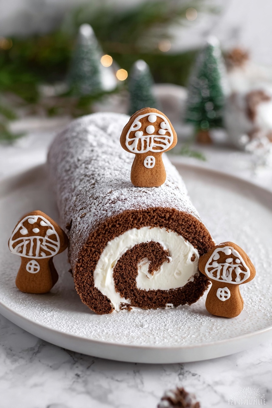 The image shows a rolled chocolate cake log with white cream filling spiraled inside. The cake is dusted with powdered sugar on top. Three small mushroom-shaped gingerbread cookies decorated with white icing are placed around the cake: one standing upright on the top middle of the log and two on the white plate beside it. The plate is white with a slightly textured surface, set on a white marbled background, with some blurred green and white holiday decorations in the background. photo taken with an iphone --ar 2:3 --v 7 - Gingerbread Cake Roll with Cream Cheese Filling, gingerbread cake roll, Christmas dessert recipes, holiday cake roll, cream cheese filled cake roll