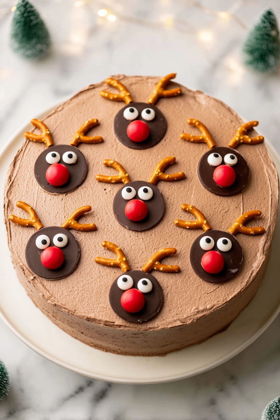 A round chocolate cake with a smooth, light brown frosting layer covers the top. On the cake, there are eight evenly spaced circular shapes made of darker chocolate, each with a red candy ball in the center representing a nose. Each circle has two white candy eyes placed above the red nose. Pretzel twists are used as antlers beside the eyes on each reindeer face. The cake is on a white plate, and the background is a white marbled surface with small green Christmas tree decorations. Photo taken with an iphone --ar 2:3 --v 7 - Chocolate Orange Reindeer Cake, festive holiday cake, easy Christmas dessert, holiday reindeer cake recipe, chocolate orange dessert