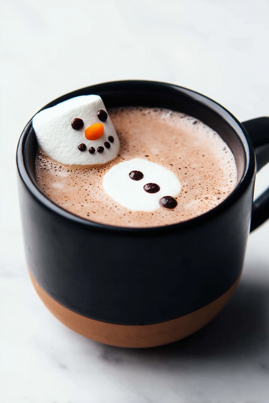 A black cup with a brown base filled with light brown hot chocolate, topped with a white round marshmallow floating on the left side. The marshmallow has a smiling snowman face made from small dark chocolate dots arranged as eyes, mouth, and buttons, with an orange candy piece as the nose. The cup is set on a white marbled surface. Photo taken with an iphone --ar 2:3 --v 7 - Mint Snowman Marshmallows, festive marshmallow treats, holiday marshmallow ideas, minty winter snacks, cute snowman marshmallows