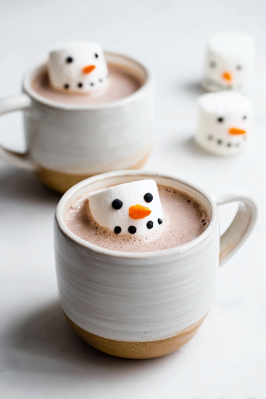 There are two white cups with a light brown bottom part, each filled with light brown hot chocolate. On top of the hot chocolate, a round white marshmallow floats with small black dots for eyes and mouth, and an orange carrot-shaped nose, resembling a snowman face. In the background, on a white marbled surface, there are two more marshmallows with the same snowman face design. The overall scene is bright and clean. photo taken with an iphone --ar 2:3 --v 7 - Mint Snowman Marshmallows, festive marshmallow treats, holiday marshmallow ideas, minty winter snacks, cute snowman marshmallows