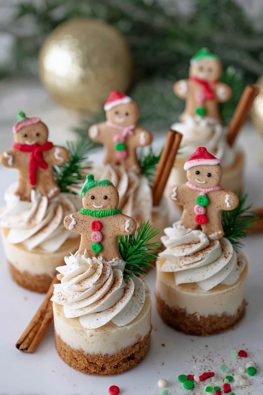 The image shows a group of mini cheesecakes on a white surface with small green and red sprinkles scattered around. Each cheesecake has a light brown crumb base, topped with a light beige creamy layer, and a swirl of white whipped cream dusted with cinnamon on one side. A small cinnamon stick is placed beside the whipped cream on each cheesecake. On top of each cheesecake, there is a small gingerbread man cookie decorated with colorful icing hats, scarves, and buttons in red, green, and white. Small green pine sprigs decorate the cheesecakes, and the background features out-of-focus Christmas greenery and a large gold ornament. photo taken with an iphone --ar 2:3 --v 7 - No-Bake Gingerbread Cheesecake Cups, gingerbread cheesecake dessert, easy holiday cheesecake, festive no-bake dessert, Christmas cheesecake cups
