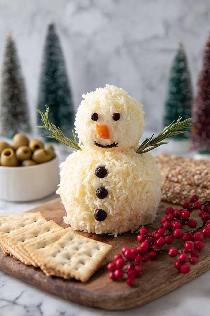 The image shows a two-layer snowman made of shredded pale yellow cheese, with a smaller ball on top for the head and a bigger ball for the body. The snowman has small black dots for eyes, mouth, and buttons, and a small orange triangular nose at the center of the face. Two sprigs of green rosemary stick out from the sides as arms. The snowman sits on a wooden board with light brown square crackers arranged in front and darker seed crackers behind. To the left, there is a white bowl with green olives, and in the background, decorative Christmas trees and bright red berries add a festive touch. The whole scene is on a white marbled surface. Photo taken with an iphone --ar 2:3 --v 7 - Snowman Cheeseball, festive holiday appetizers, easy cheeseball recipe, winter party snacks, adorable cheese ball