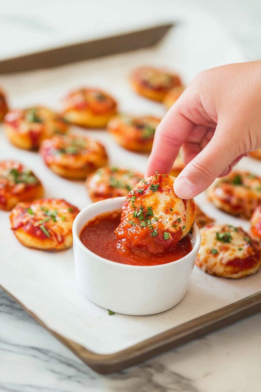 Small round pizza bites are placed on a white parchment-lined baking tray, each topped with bright red tomato sauce, melted cheese, and sprinkled with green chopped herbs. One pizza bite is held by a person's fingers dipping into a white bowl filled with thick red marinara sauce. The background is a white marbled surface. The pizza bites look golden and slightly crispy on the edges. photo taken with an iphone --ar 2:3 --v 7 - Christmas Tree Pizza Bites, festive appetizer, holiday snack, kid-friendly pizza bites, Christmas party finger foods