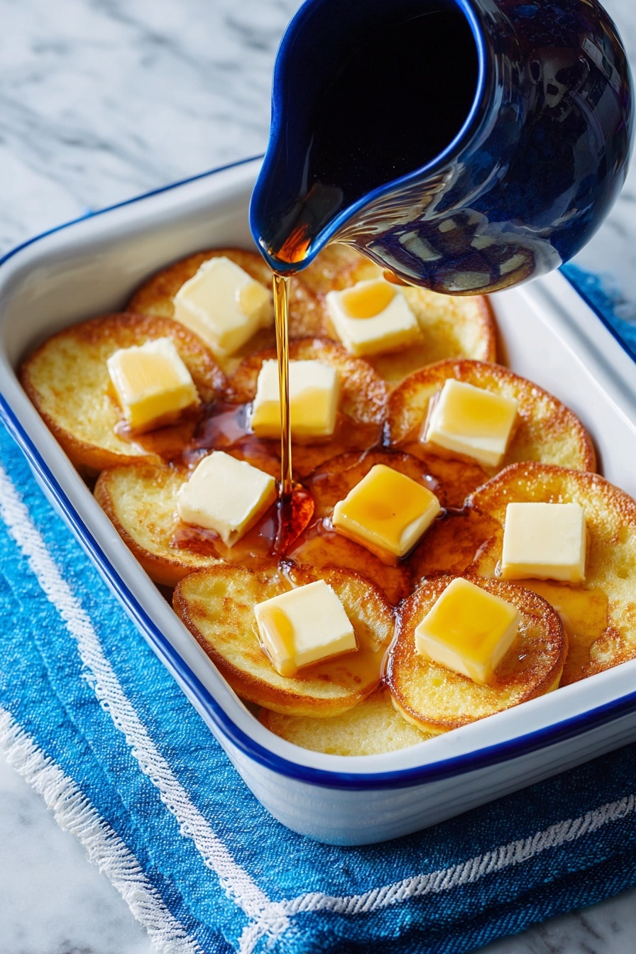 A white rectangular dish with a blue rim filled with two layers of golden brown pancakes neatly arranged overlapping each other. On top of the pancakes are several small squares of melting butter, scattered evenly across the surface, with maple syrup being poured from a dark blue pitcher over the pancakes, creating a shiny, sticky texture. The dish rests on a blue cloth with white trim, all placed on a white marbled surface. Photo taken with an iphone --ar 2:3 --v 7 - Cream Cheese Pancake Casserole, breakfast casserole with cream cheese, baked pancake casserole, overnight pancake bake, easy brunch casserole