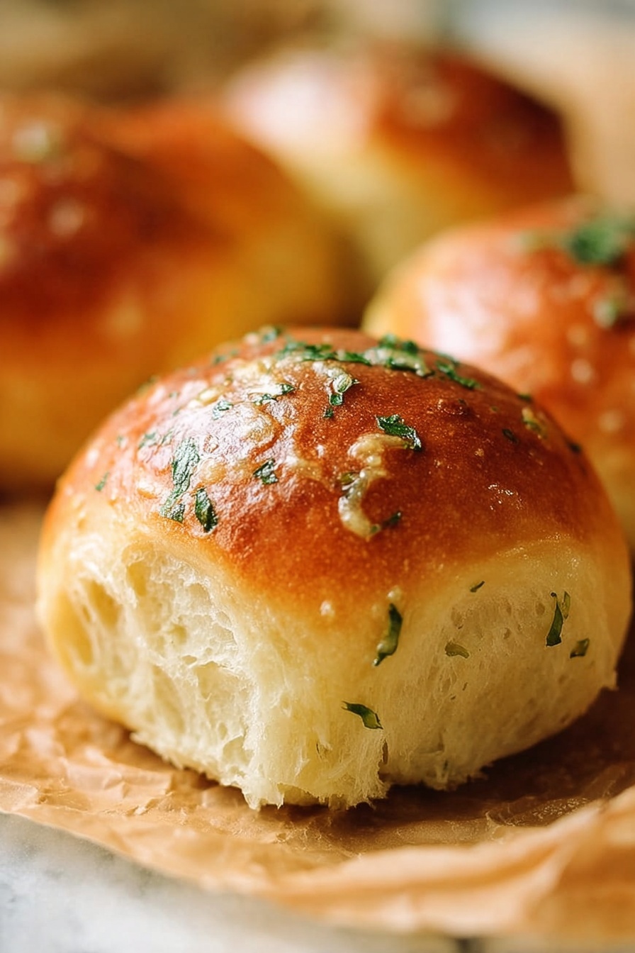 A soft, golden brown bread roll sits on crumpled parchment paper, with a shiny top sprinkled lightly with small green herb flakes. The bread's inside is fluffy and light with a slightly uneven texture showing small air pockets. The background shows more rolls blurred out, all on a white marbled surface. photo taken with an iphone --ar 2:3 --v 7 - Garlic Herb Soft Dinner Rolls, savory bread rolls, fluffy dinner rolls, quick bread recipes, homemade dinner rolls