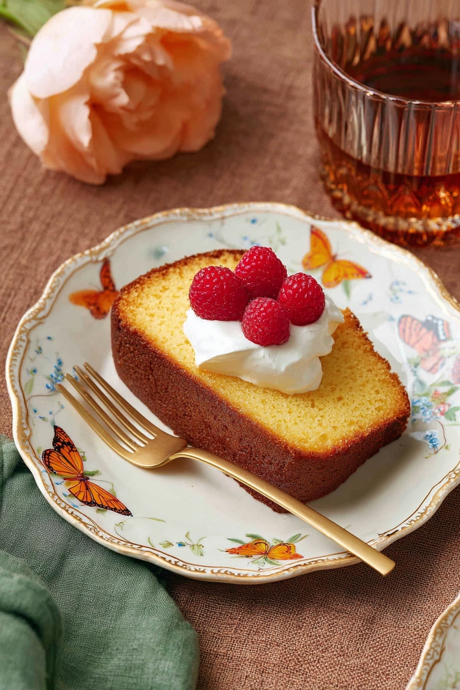 A thick slice of golden brown pound cake sits on a white plate decorated with colorful butterflies around the edges and a gold trim. The cake slice shows a slightly darker brown crust at the bottom and sides with a soft, moist yellow inside. On top of the cake is a dollop of white whipped cream, crowned with five bright red raspberries. A shiny gold fork rests on the left side of the plate near the cake. The plate is placed on a brown textured cloth with a folded green cloth napkin underneath the left edge. In the upper right corner, a clear glass filled with dark amber liquid catches the light. In the upper left corner, part of a soft peach-colored flower is visible. photo taken with an iphone --ar 2:3 --v 7 - Moist Rum Cake, boozy rum cake, easy rum cake recipe, moist cake with rum, best rum dessert
