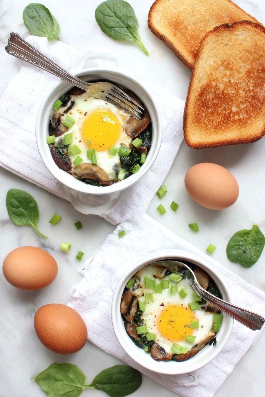 The image shows two white ramekins on folded white napkins, each containing a cooked egg with a bright yellow yolk on top of sautéed mushrooms and spinach, garnished with chopped green onions. Each ramekin sits on a white marbled surface with a silver fork nearby. Two toasted slices of bread with a golden crust are placed next to the ramekins. Around the setup are three brown eggs and fresh spinach leaves scattered on the white marbled surface. A woman's hand holds one fork over the top left ramekin. Photo taken with an iphone --ar 2:3 --v 7 - Baked Eggs with Spinach and Mushrooms, healthy baked eggs recipe, quick breakfast with spinach and mushrooms, wholesome baked egg dish, easy brunch egg recipes