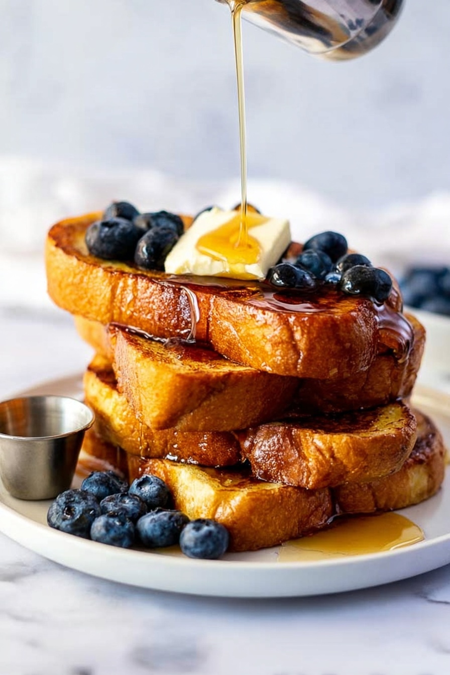 A stack of four thick golden brown toasted slices on a white plate with a pat of soft melting butter on the top slice. Bright blue blueberries are scattered on the top slice and around the base on the plate. Golden syrup is being poured over the butter, dripping down the sides of the toast, making it shiny with a slight sticky texture. A small silver cup is placed to the side on the plate. The whole scene is set on a white marbled surface with a soft blurred background. photo taken with an iphone --ar 2:3 --v 7 - Yeasted Belgian Waffles, Belgian Waffles recipe, overnight waffle batter, fluffy Belgian waffles, homemade waffle recipe