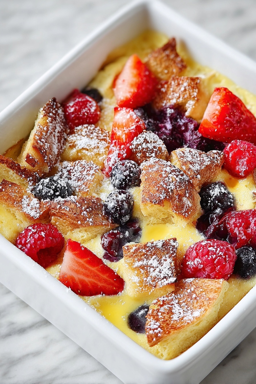 A close-up of a square white dish filled with a layered baked dessert. The base has a yellow custard-like texture with pieces of golden-brown, flaky pastry unevenly spread on top. Scattered among the pastry pieces are fresh red strawberries, red raspberries, and dark purple blueberries. The dessert is lightly dusted with white powdered sugar, adding a delicate touch. The dish sits on a white marbled surface. photo taken with an iphone --ar 2:3 --v 7 - Berry Croissant Bake, Easy Breakfast Casserole, Fruit Breakfast Bake, Make-Ahead Croissant Recipe, Summer Berry Brunch