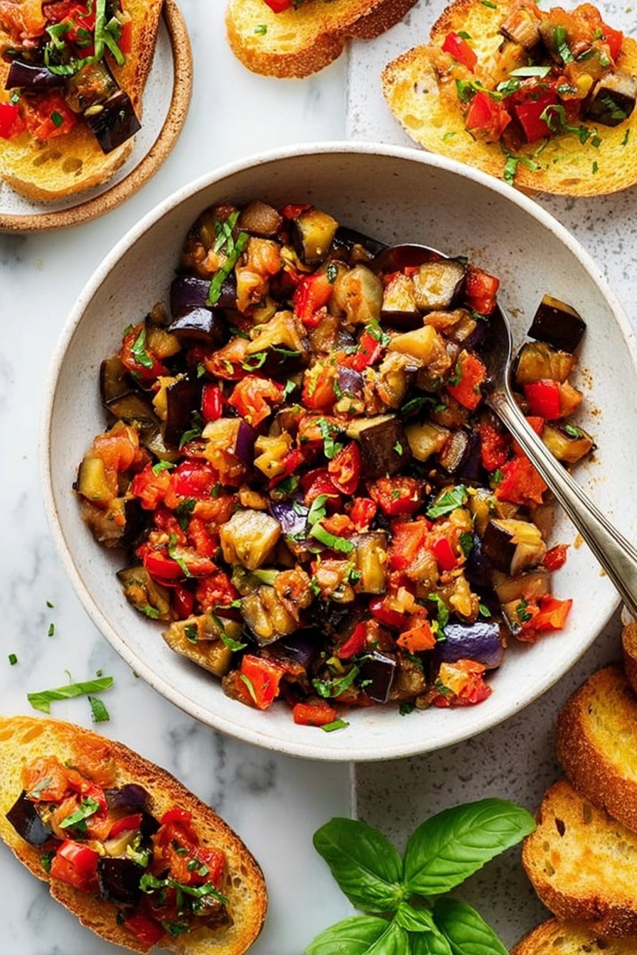 A white bowl filled with a colorful mix of roasted vegetables, mostly deep purple eggplants and bright red bell peppers, chopped into small pieces and mixed with finely chopped green herbs sprinkled on top. A silver spoon rests inside the bowl with its handle leaning on the edge. Around the bowl, there are toasted slices of bread topped with the same vegetable mix, placed on a white marbled surface. Fresh green basil leaves add a pop of color near the bowl. The overall look is fresh and vibrant, with a mix of soft cooked texture and crunchy toasted bread. photo taken with an iphone --ar 2:3 --v 7 - Eggplant Caponata with Basil, Mediterranean Eggplant Appetizer, Easy Eggplant Dip, Vegan Eggplant Side Dish, Healthy Eggplant Recipes
