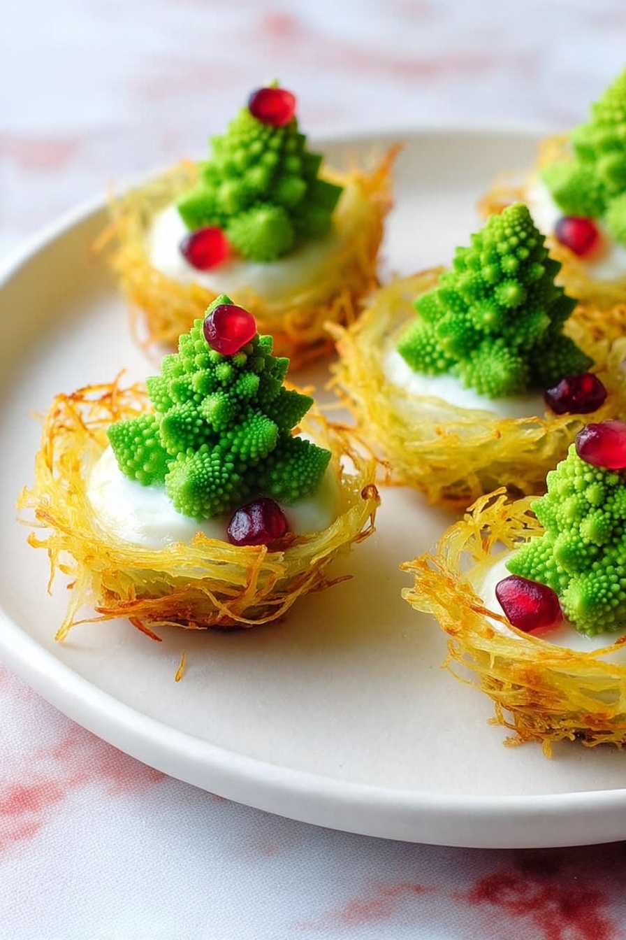 The image shows five small nests made from thin, crispy yellow strands that look like shredded potatoes, each holding a white creamy filling inside. On top of the cream, there is a small bright green Romanesco broccoli piece shaped like a miniature Christmas tree, with a single red pomegranate seed placed at the peak of each broccoli. These nests are placed on a round white plate, with the plate set on a white marbled surface. The overall look is colorful and festive, with clear layers and textures visible in each nest. photo taken with an iphone --ar 2:3 --v 7 - Christmas Tree Potato Mini Quiches, festive holiday appetizers, healthy mini quiches, DIY holiday party snacks, vegetarian Christmas party food