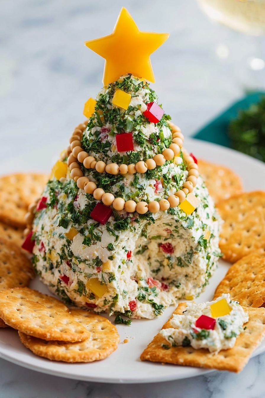 A cone-shaped cheese ball decorated like a Christmas tree sits on a white plate surrounded by round and triangle crackers. The cheese ball is covered with chopped green herbs all over, with small red and yellow square pieces scattered on the surface like ornaments. Two garlands of small beige beads wrap around the cheese ball in rings, and a bright yellow star-shaped piece tops it. A section of the cheese ball is missing, showing the creamy interior mixed with herbs and pieces of red and yellow vegetables. A cracker with some cheese ball and garnishes on top rests in the foreground. The background is a white marbled surface. photo taken with an iphone --ar 2:3 --v 7 - Christmas Tree Cheese Ball, festive holiday appetizers, Christmas cheese ball, party cheese ball recipe, cheesy holiday snacks