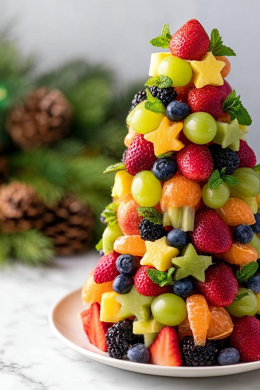 A tall, colorful fruit tower sits on a white plate on a white marbled surface. The tower is made of many small layers of brightly colored fruits, including green grapes, red strawberries, black blackberries, dark blue blueberries, orange mandarin segments, yellow star-shaped pineapple pieces, and green star-shaped kiwi slices. Small green mint leaves are placed between the fruits, adding fresh green touches throughout the tower. The fruits are stacked close together, forming a roughly cone-shaped structure with a mix of smooth, bumpy, juicy, and soft textures. A blurred background with natural greenery and pine cones can be seen behind the tower. photo taken with an iphone --ar 2:3 --v 7 - Festive Fruit Christmas Tree, healthy holiday snack, Christmas fruit centerpiece, easy holiday fruit arrangement, colorful Christmas fruit display