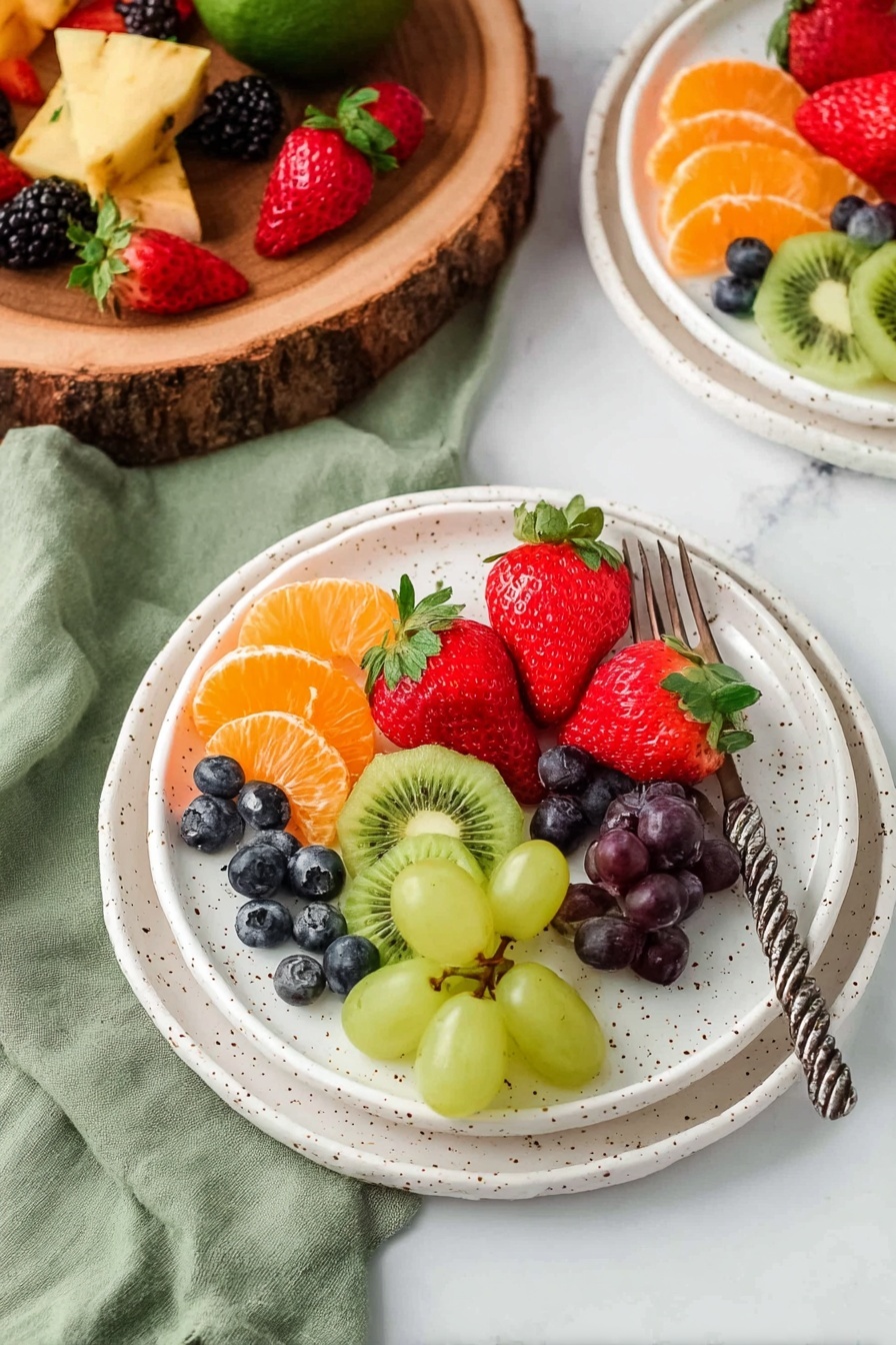 A white speckled plate holds a fresh fruit mix arranged in separate sections: two large red strawberry halves with visible seeds and green leaves on top, a small bunch of light green grapes at the bottom, a cluster of dark blue round blueberries on the left, bright orange peeled mandarin slices above the grapes, and two green slices of kiwi with black seeds at the top near the strawberries. A silver fork with a twisted handle rests on the right edge of the plate. This plate is stacked on top of another identical plate. In the background, there is a second similar plate with fruit and a wooden slab with more colorful fruits like green grapes, pineapple stars, blackberries, strawberries, and kiwi slices placed on a soft green cloth, all set on a white marbled surface. Photo taken with an iphone --ar 2:3 --v 7 - Festive Fruit Christmas Tree, healthy holiday snack, Christmas fruit centerpiece, easy holiday fruit arrangement, colorful Christmas fruit display