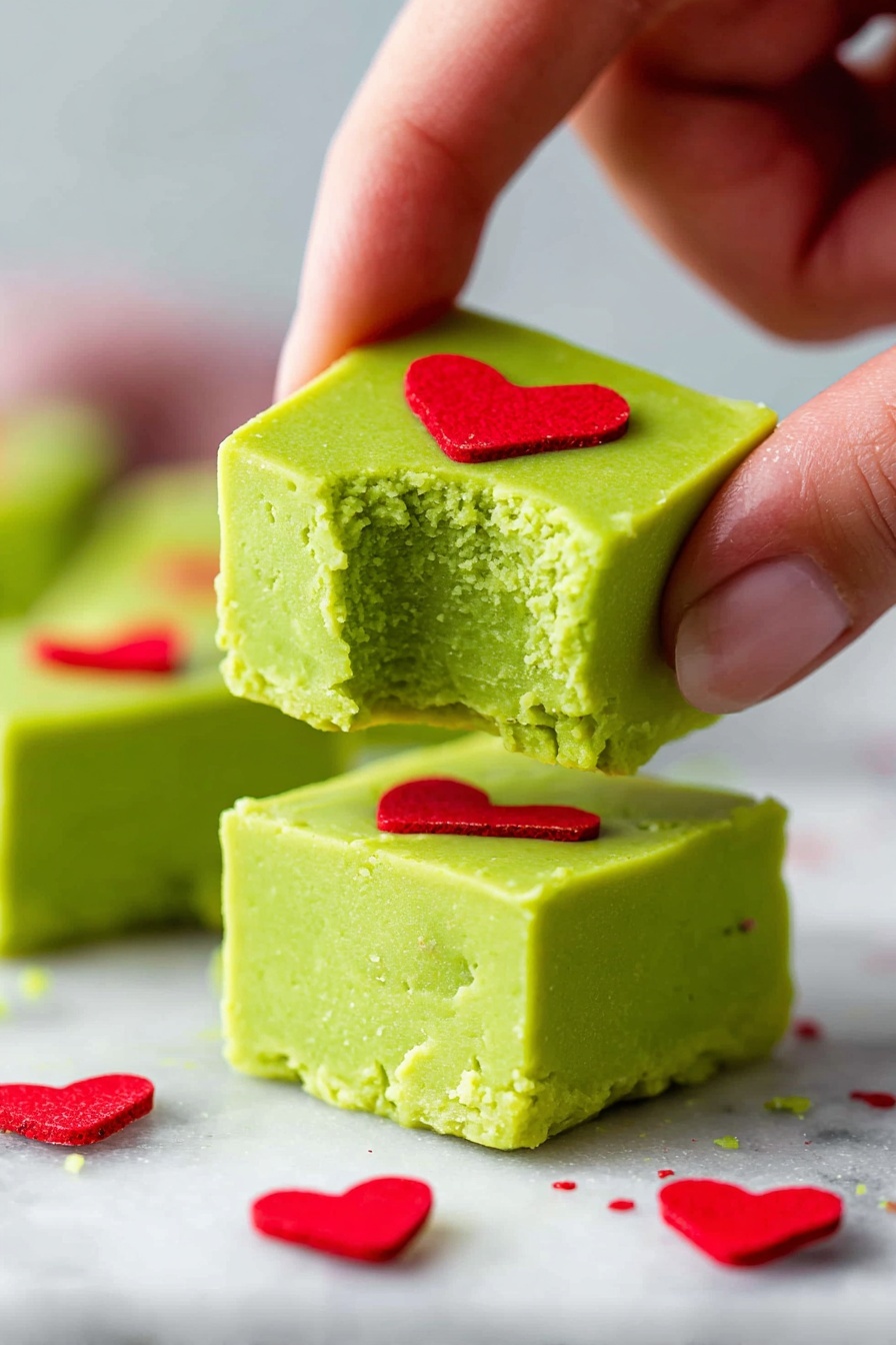 The image shows two bright green fudge squares stacked on white marble texture. The top square has a bite taken out, revealing a smooth, creamy texture inside. Each green fudge piece is decorated with small red heart shapes on the top surface and scattered around them. A woman's hand is gently holding the top fudge piece by its corner. The scene has a soft and clean look with a shallow depth of field, focusing on the bright green and red colors. Photo taken with an iphone --ar 2:3 --v 7 - Grinch Fudge, White Chocolate Grinch Fudge, Green Christmas Fudge, Holiday Treats, Festive Fudge Recipe