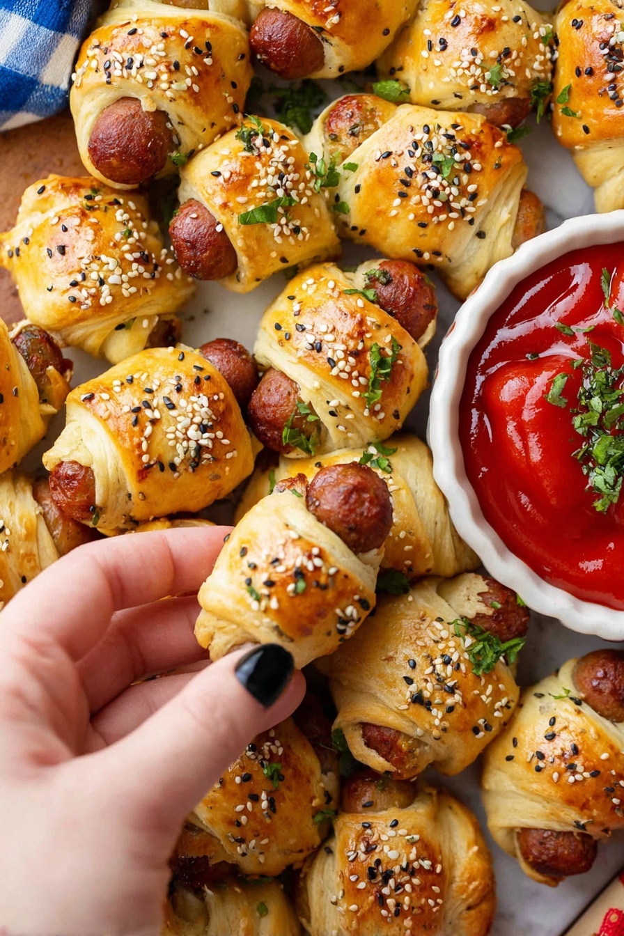 The image shows a close-up of many small baked pastry rolls wrapped around mini sausages. Each roll is golden brown with a slightly crispy texture and sprinkled with white and black sesame seeds and bits of green herbs. The sausages peek out at both ends of each pastry piece. In the bottom left, a woman's hand with black painted nails is picking up one roll. To the right of the rolls is a small white bowl filled with bright red ketchup that is topped with chopped green herbs. The background is a white marbled surface with a glimpse of a blue and white checkered object in the upper left. Photo taken with an iphone --ar 2:3 --v 7 - Pigs in a Blanket Wreath, holiday appetizer ideas, festive party snacks, easy appetizer recipes, appetizer wreath