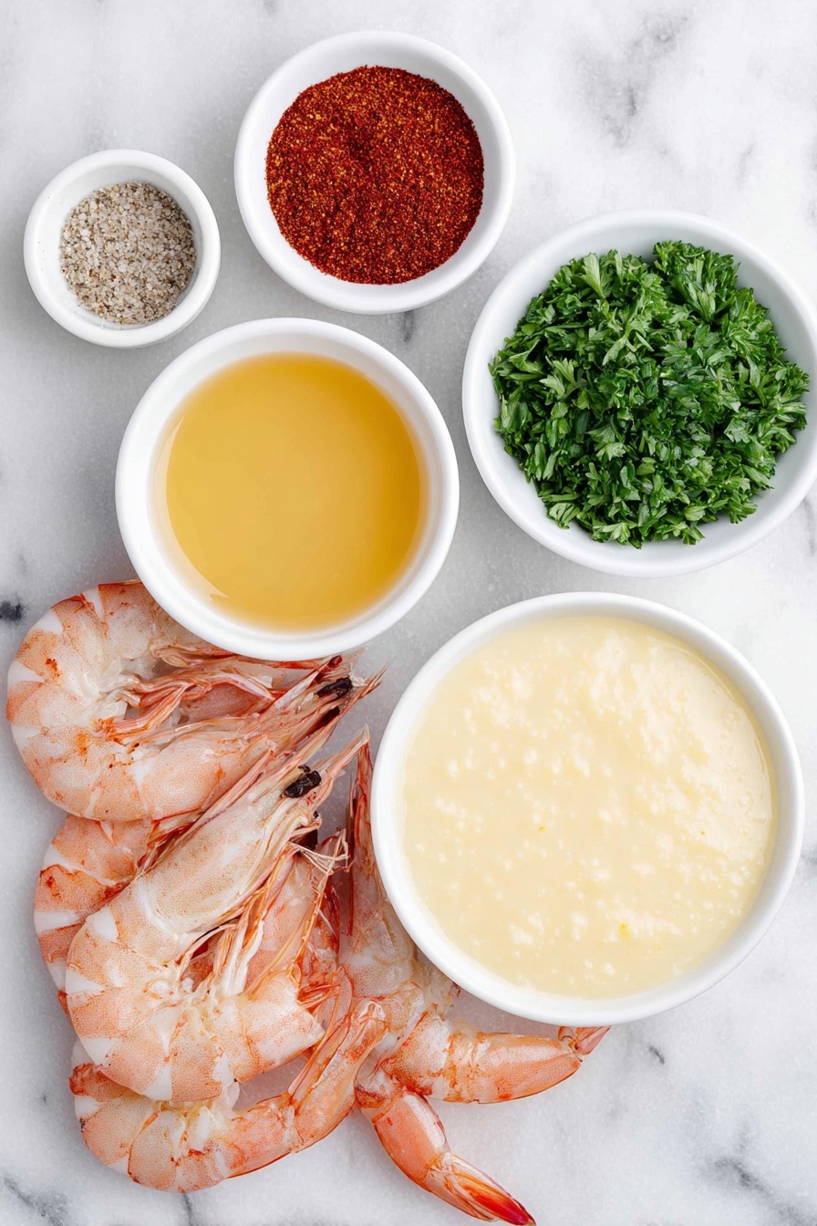 Flat lay of a small mound of creamy cooked grits on a simple white ceramic plate, a few whole medium shrimp with pink shells and slight translucency, a small white bowl of golden melted butter, a small white bowl filled with vibrant green chopped fresh parsley, a small white bowl containing warm reddish-brown Stone House seasoning powder, and another small white bowl with deep red chili powder, all arranged symmetrically and naturally, placed on a clean white marble surface, soft natural light, photo taken with an iPhone, professional food photography style, fresh ingredients, white ceramic bowls, no bottles, no duplicates, no utensils, no packaging --ar 2:3 --v 7 --p m7354615311229779997 - Shrimp and Grits Bites, shrimp and grits appetizer, Southern shrimp bites, mini shrimp and grits, easy shrimp appetizers