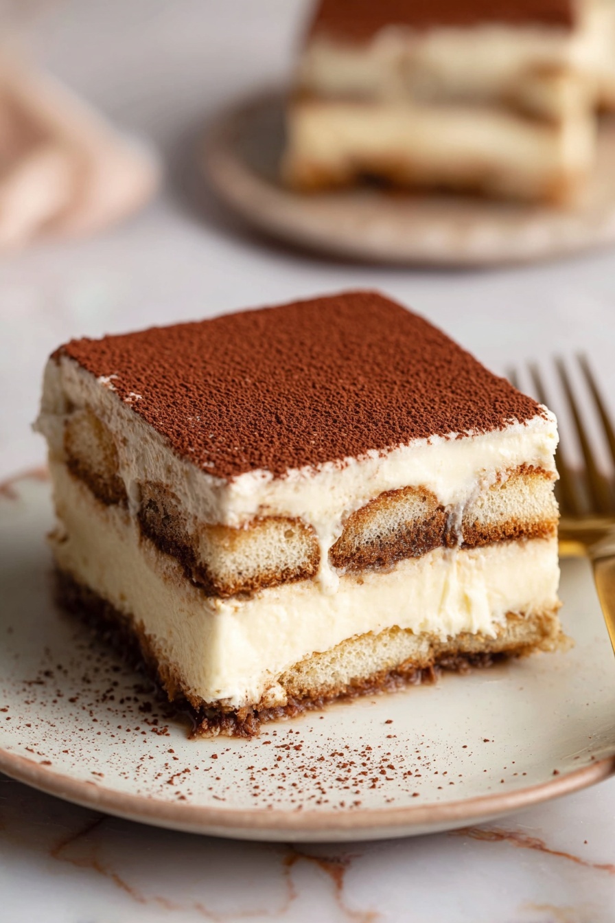 This image shows a square piece of tiramisu with four layers: the top layer is a thick dusting of dark brown cocoa powder, below it is a smooth, creamy light beige mascarpone layer, followed by a middle layer of soaked light brown coffee-soaked ladyfinger biscuits, then another creamy mascarpone layer, and a final layer of coffee-soaked ladyfingers at the bottom. The tiramisu slice is placed on an off-white plate with a slightly scalloped edge, set on a white marbled surface. A gold fork lies partially visible to the right of the plate. In the background, there is another blurry piece of tiramisu. Photo taken with an iphone --ar 2:3 --v 7 - Italian Tiramisu, classic tiramisu recipe, homemade tiramisu, coffee dessert, authentic Italian dessert