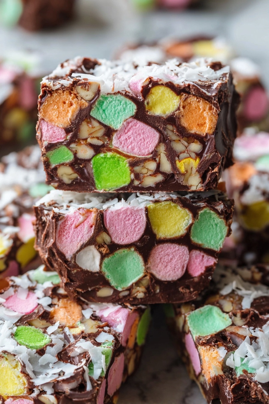 The image shows several thick slices of a rocky road dessert stacked on top of each other. Each slice has several colorful marshmallow pieces in pink, green, yellow, and orange embedded within a dark brown chocolate base. There are also small light brown nut pieces scattered throughout the dessert. The edges of the slices are coated with shredded white coconut flakes. The slices have a rough texture and the bright marshmallow colors stand out against the rich chocolate. The background has a soft focus with more slices visible, all set on a white marbled surface photo taken with an iphone --ar 2:3 --v 7 - Church Window Cookies, no-bake cookies, colorful holiday cookies, marshmallow chocolate treats, festive cookie recipes