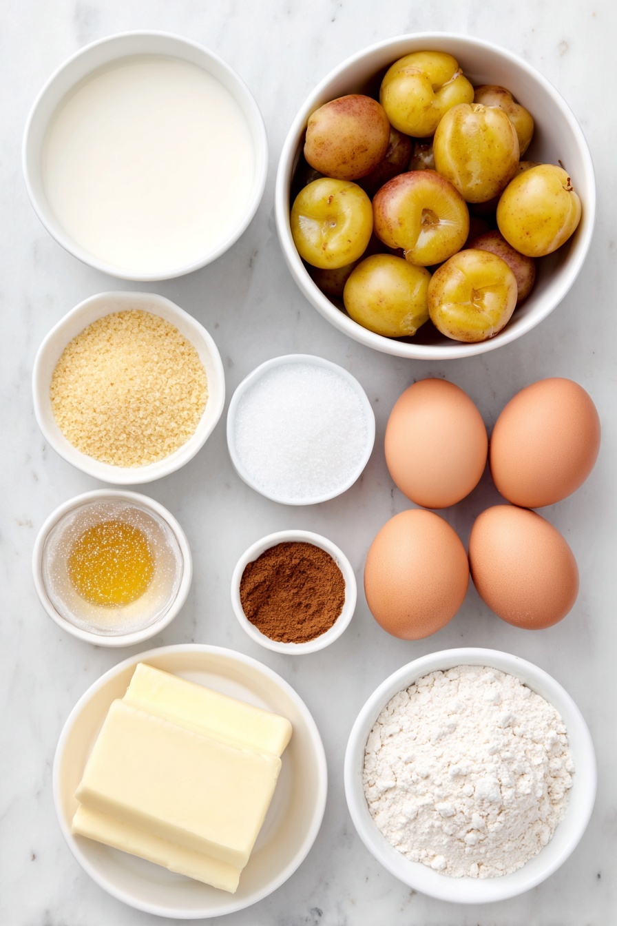 Flat lay of fresh Italian plums quartered with pits removed, a small white ceramic bowl of warm milk, a small pile of golden active dry yeast granules, a simple mound of all-purpose flour, a small white bowl filled with granulated sugar, a pinch of fine salt crystals, a stick of pale yellow butter, two whole clean eggs with smooth shells, a small white bowl containing golden pure vanilla extract, a small heap of ground cinnamon, all arranged with perfect symmetry on a clean white marble surface, soft natural light, photo taken with an iPhone, professional food photography style, fresh ingredients, white ceramic bowls, no bottles, no duplicates, no utensils, no packaging --ar 2:3 --v 7 --p m7354615311229779997 - German Plum Cake with Yeast Dough, traditional Zwetschgenkuchen, German fruit cake, yeast dough plum tart, German dessert with plums