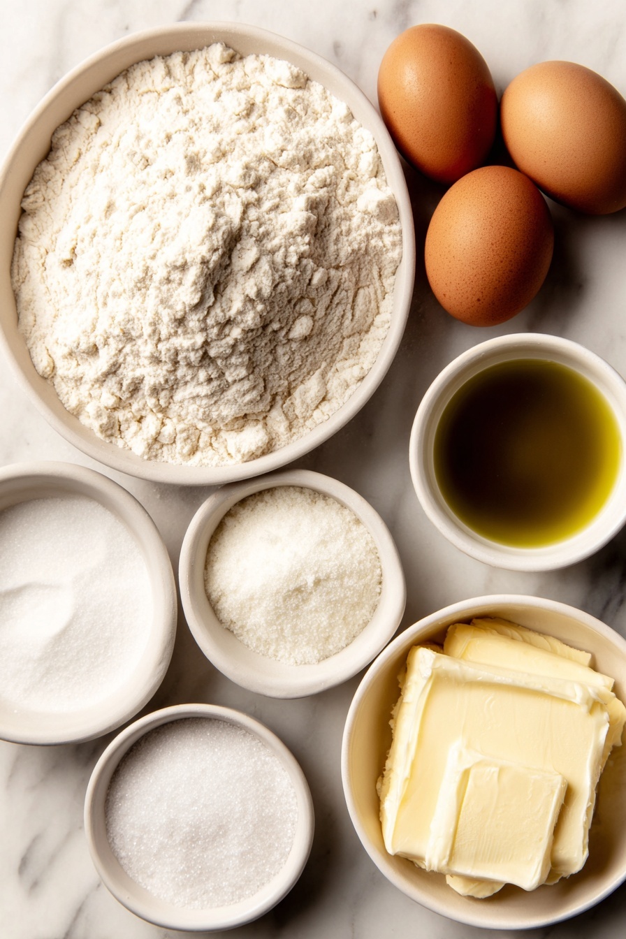 Flat lay of a small mound of fresh all-purpose flour, a heap of fine salt crystals, a pile of white granulated sugar, three whole brown eggs with clean shells, a small white bowl filled with warm water, a small white bowl containing golden olive oil, a small white bowl of baking soda powder, and a small white bowl with melted butter, all arranged symmetrically and naturally on a simple white ceramic plate, placed on a clean white marble surface, soft natural light, photo taken with an iPhone, professional food photography style, fresh ingredients, white ceramic bowls, no bottles, no duplicates, no utensils, no packaging --ar 2:3 --v 7 --p m7354615311229779997 - Homemade Soft Pretzels, soft pretzels from scratch, easy pretzel recipe, buttery soft pretzels, beginner pretzels