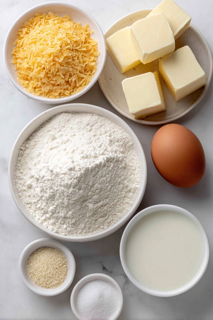 Flat lay of a small mound of all-purpose flour, a few golden potato flakes scattered beside it, a small white ceramic bowl filled with creamy milk, another small white ceramic bowl containing clear water, three smooth cubes of unsalted butter stacked neatly, one large brown egg with a clean shell, a small white ceramic bowl holding granulated sugar, a small white ceramic bowl with fine salt, and a small heap of pale instant yeast granules, all arranged in perfect symmetry on a clean white marble surface, soft natural light, photo taken with an iPhone, professional food photography style, fresh ingredients, white ceramic bowls, no bottles, no duplicates, no utensils, no packaging --ar 2:3 --v 7 --p m7354615311229779997 - Fluffy Potato Rolls, soft bread rolls, homemade potato rolls, easy bread recipes, tender dinner rolls