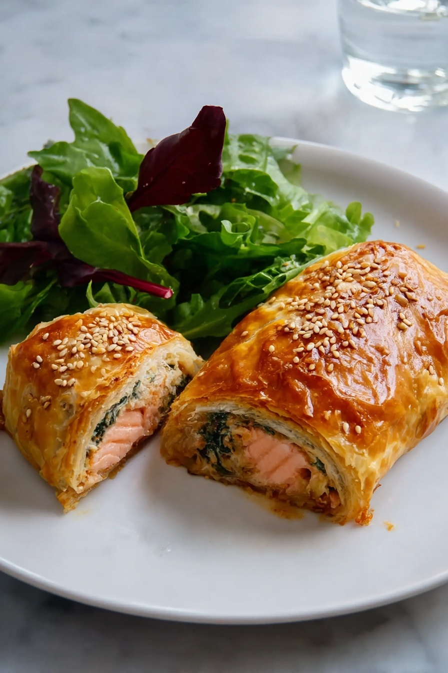 The dish shows one whole and one sliced salmon wellington on a white plate. The wellington has a shiny golden-brown puff pastry crust topped with sesame seeds on the whole piece. Inside the sliced piece, there is a pink salmon layer, surrounded by a creamy herb and spinach layer, all wrapped in a light, flaky pastry. Next to the salmon wellington is a small pile of fresh green salad leaves with some dark red stems, adding a fresh contrast to the warm colors of the pastry. The plate sits on a white marbled surface. photo taken with an iphone --ar 2:3 --v 7 - Salmon Wellington with Horseradish Cream, elegant salmon dinner, homemade salmon Wellington, easy salmon Wellington recipe, flaky salmon pastry