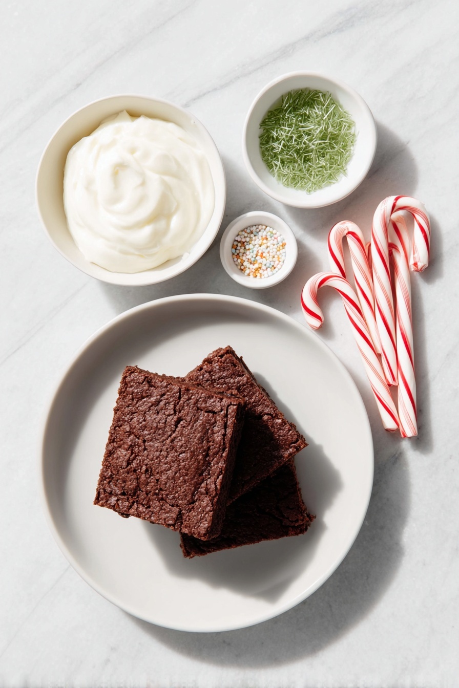 Flat lay of a simple white ceramic plate holding three triangular chocolate brownies with a dusting of cocoa powder, a small white bowl filled with smooth white vanilla icing, a small white bowl of vibrant green food coloring liquid, a small white bowl with colorful round sprinkles, a small white bowl with tiny golden star sprinkles, and three fresh, unwrapped candy canes with red and white stripes, all arranged in perfect symmetry on a clean white marble surface, soft natural light, photo taken with an iPhone, professional food photography style, fresh ingredients, white ceramic bowls, no bottles, no duplicates, no utensils, no packaging --ar 2:3 --v 7 --p m7354615311229779997 - Christmas Tree Brownies with Candy Cane Trunks, festive holiday brownies, Christmas dessert ideas, easy Christmas treats, holiday baking recipes