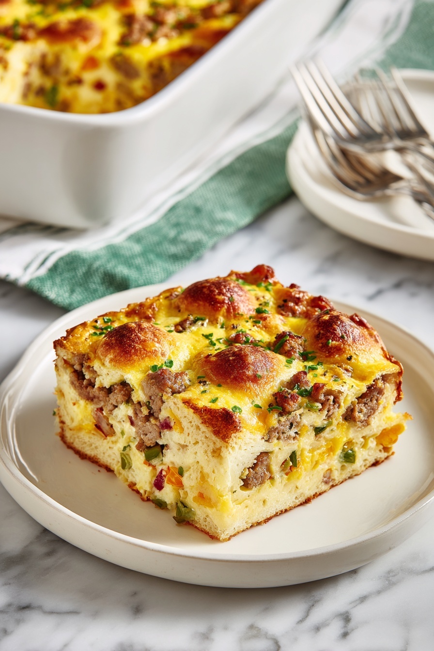 A square piece of baked casserole sits on a white plate with a golden brown top layer of crusty bread with small darker spots and a slightly puffed texture, beneath it is a thick, creamy layer of melted yellow cheese mixed with bits of green herbs and small red pieces, and at the bottom there is a soft, light yellow egg base with chunks of browned sausage and scattered bits of vegetables. The background shows a white marbled surface with a white baking dish full of the same casserole and some silver forks resting on a white cloth with green stripes. Photo taken with an iphone --ar 2:3 --v 7 - Sausage Bagel Breakfast Casserole, breakfast casserole, brunch recipe, make-ahead breakfast, easy breakfast ideas