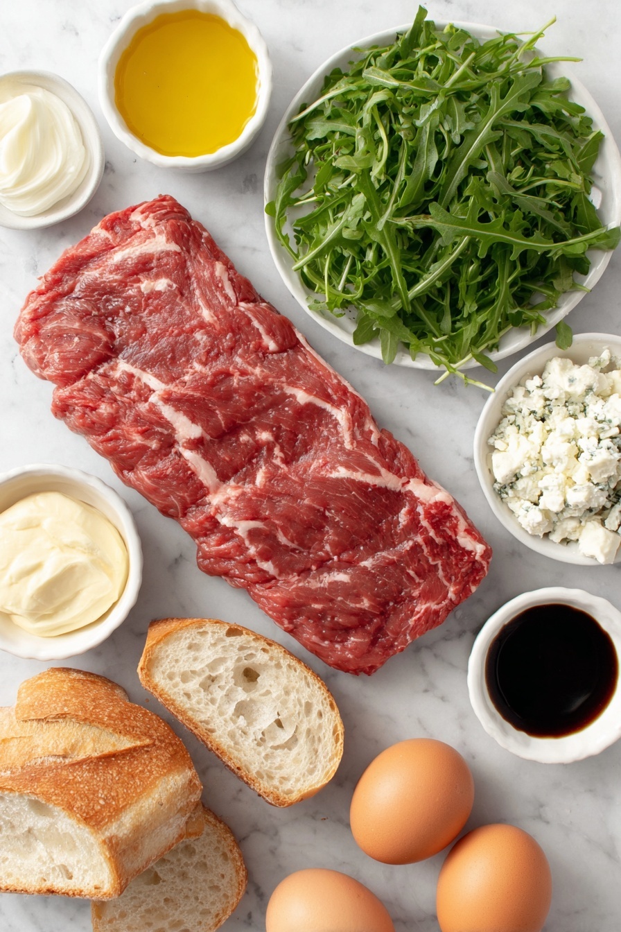Flat lay of a fresh raw sirloin steak with visible marbling, four ciabatta rolls sliced in half showing airy crumb, a handful of vibrant green arugula leaves, a small white bowl with creamy mayonnaise, a small white bowl with smooth Dijon mustard, crumbled white herbed Boursin cheese, a small white bowl with dark glossy balsamic glaze, two peeled shallots thinly sliced, a small white bowl filled with golden olive oil, two whole uncracked brown eggs, coarse salt crystals and whole black peppercorns scattered symmetrically, all arranged with perfect balance and symmetry on a clean white marble surface, soft natural light, photo taken with an iPhone, professional food photography style, fresh ingredients, white ceramic bowls, no bottles, no duplicates, no utensils, no packaging --ar 2:3 --v 7 --p m7354615311229779997 - Sirloin Steak Sandwich with Balsamic Glaze, easy gourmet steak sandwich, balsamic glazed steak sandwich, beef sandwich recipes, simple steak sandwich ideas