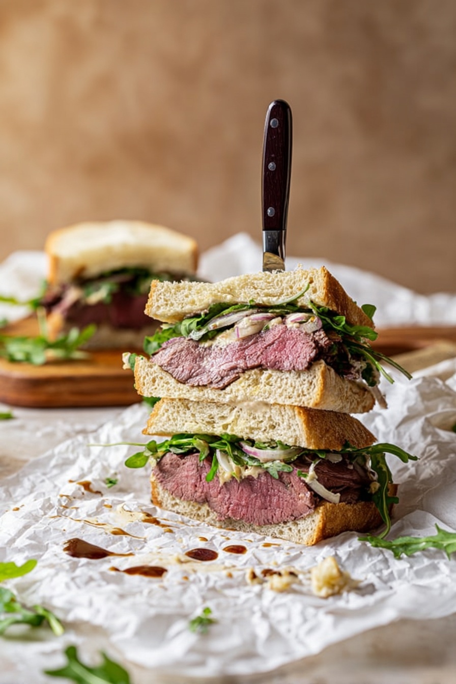 A sandwich cut in half and stacked, showing three layers: the top and bottom parts of soft, light brown bread with a porous texture; inside is a thick layer of medium-rare cooked meat with a pink center and slightly browned edges, topped with fresh green leafy arugula, thin slices of light purple onions, and a light spread of creamy sauce. A knife with a dark handle stands upright through the top half. The sandwich rests on crumpled white paper with small drops of dark sauce and scattered arugula and onion pieces around. In the blurred background, there is another sandwich on a wooden board. The whole scene is set on a white marbled textured surface with a soft brown background. Photo taken with an iphone --ar 2:3 --v 7 - Sirloin Steak Sandwich with Balsamic Glaze, easy gourmet steak sandwich, balsamic glazed steak sandwich, beef sandwich recipes, simple steak sandwich ideas