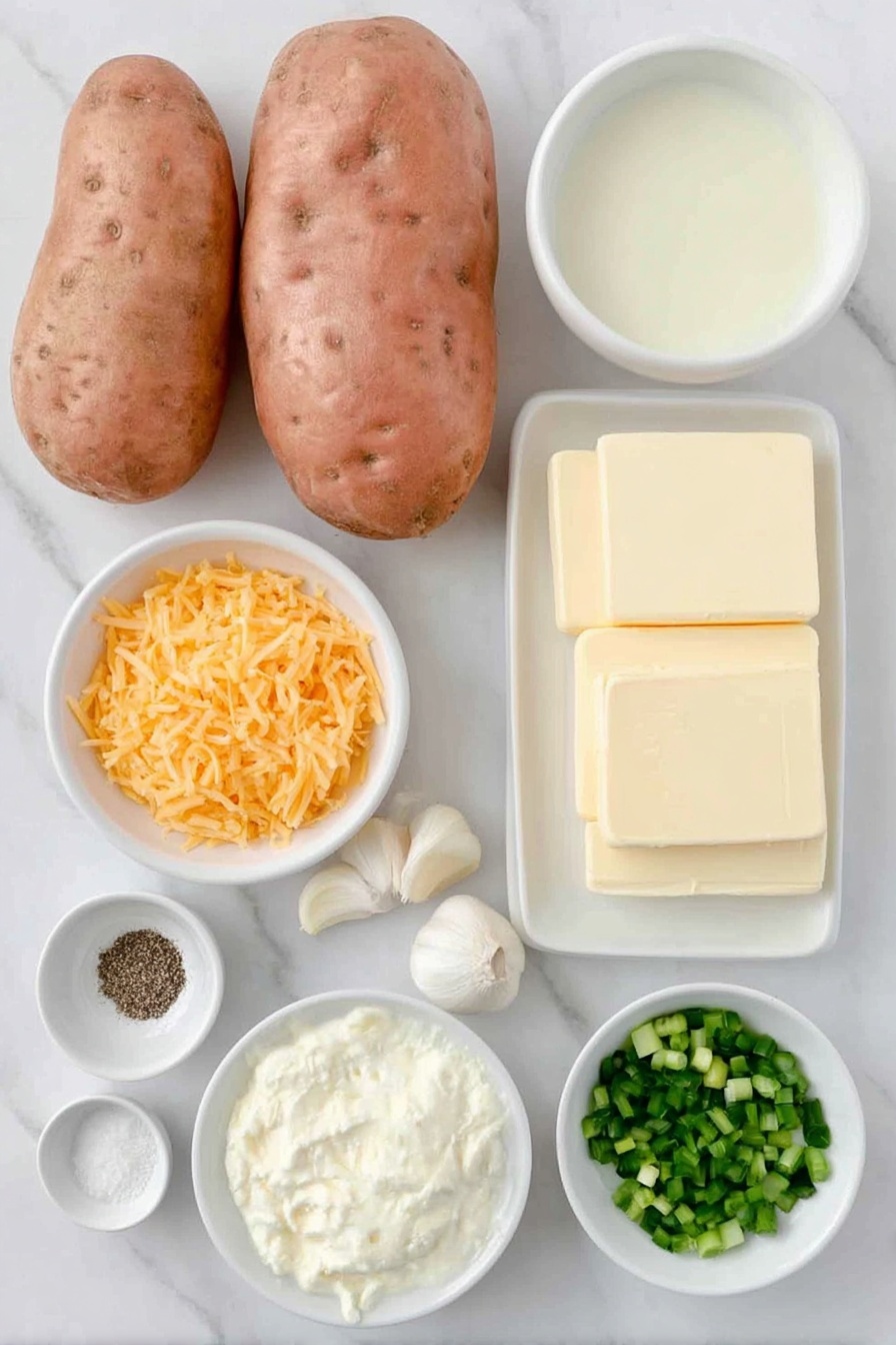 Flat lay of large russet potatoes with smooth brown skin, a small white ceramic bowl of extra-virgin olive oil, a small white bowl filled with creamy milk, a small white bowl holding thick sour cream, four rectangular pats of unsalted butter stacked neatly, two whole uncracked garlic cloves with papery white skins, a small white bowl containing coarse sea salt crystals, a small white bowl with freshly ground black pepper, a small white bowl of bright orange grated cheddar cheese, and a small white bowl of chopped green onions showing vibrant green and white colors, all arranged symmetrically in realistic proportions on a clean white marble surface, soft natural light, photo taken with an iPhone, professional food photography style, fresh ingredients, white ceramic bowls, no bottles, no duplicates, no utensils, no packaging --ar 2:3 --v 7 --p m7354615311229779997 - Twice Baked Potatoes with Cheddar and Green Onions, easy baked potato recipe, cheesy stuffed potatoes, crispy potato skins, family-friendly side dish
