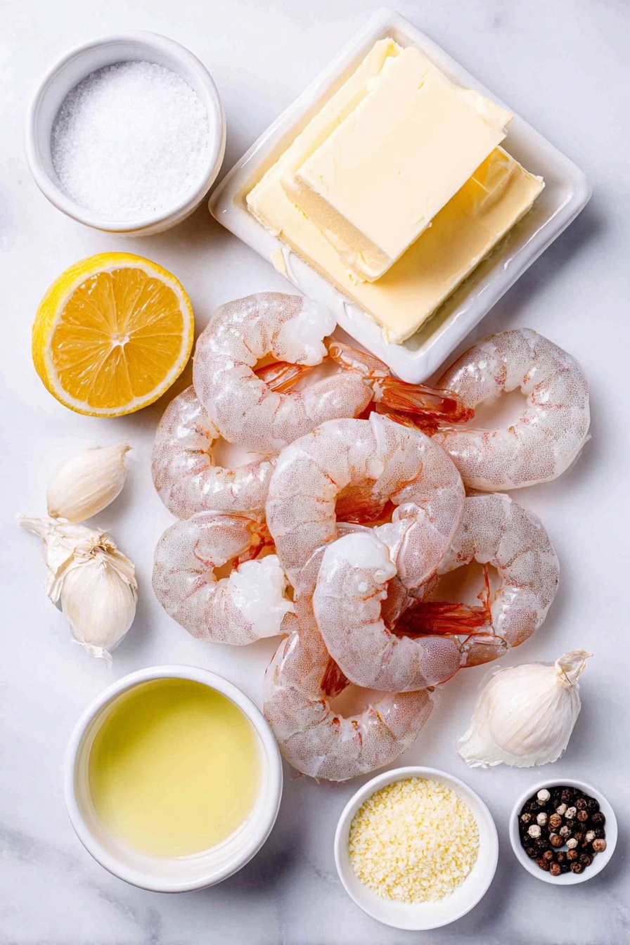 Flat lay of fresh peeled shrimp with translucent shells, three whole garlic cloves, a bright yellow lemon sliced in half showing juicy pulp, a small white ceramic bowl of white wine, a small white ceramic bowl filled with golden panko breadcrumbs, a small white ceramic bowl holding soft pale yellow butter, a small white ceramic bowl of coarse kosher salt, a small white ceramic bowl of cracked black peppercorns, and a small white ceramic bowl with clear olive oil, all arranged in perfect symmetry placed on a clean white marble surface, soft natural light, photo taken with an iPhone, professional food photography style, fresh ingredients, white ceramic bowls, no bottles, no duplicates, no utensils, no packaging --ar 2:3 --v 7 --p m7354615311229779997 - Baked Shrimp Scampi Lemon Garlic, Easy Shrimp Scampi Dinner, Quick Seafood Recipes, Lemon Garlic Shrimp, Baked Shrimp Recipes