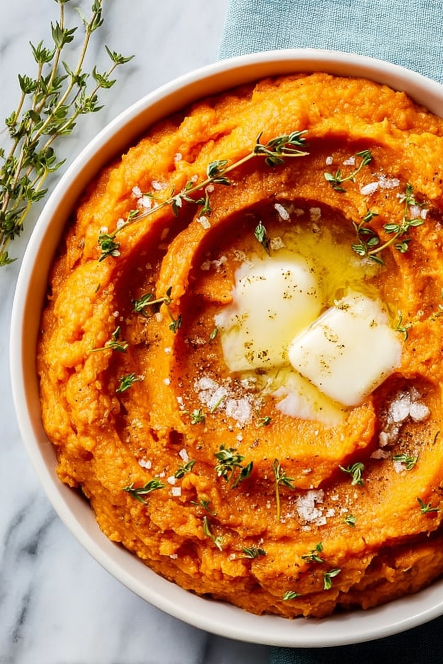 The image shows a bowl of bright orange mashed sweet potatoes with a smooth but slightly chunky texture, swirled in layers to form a spiral pattern. In the center of the mashed sweet potatoes, there is a pat of melting butter, creamy white in color, sprinkled with coarse salt and a few cracks of black pepper. Small green thyme leaves are scattered on top and around the swirl, adding a fresh look. The bowl holding the sweet potatoes is white, contrasting with the food inside, and it rests on a white marbled surface. photo taken with an iphone --ar 2:3 --v 7 - Creamy Maple Sweet Potato Mash, sweet potato mash with maple syrup, easy sweet potato side dish, comforting sweet potato recipes, holiday sweet potato sides