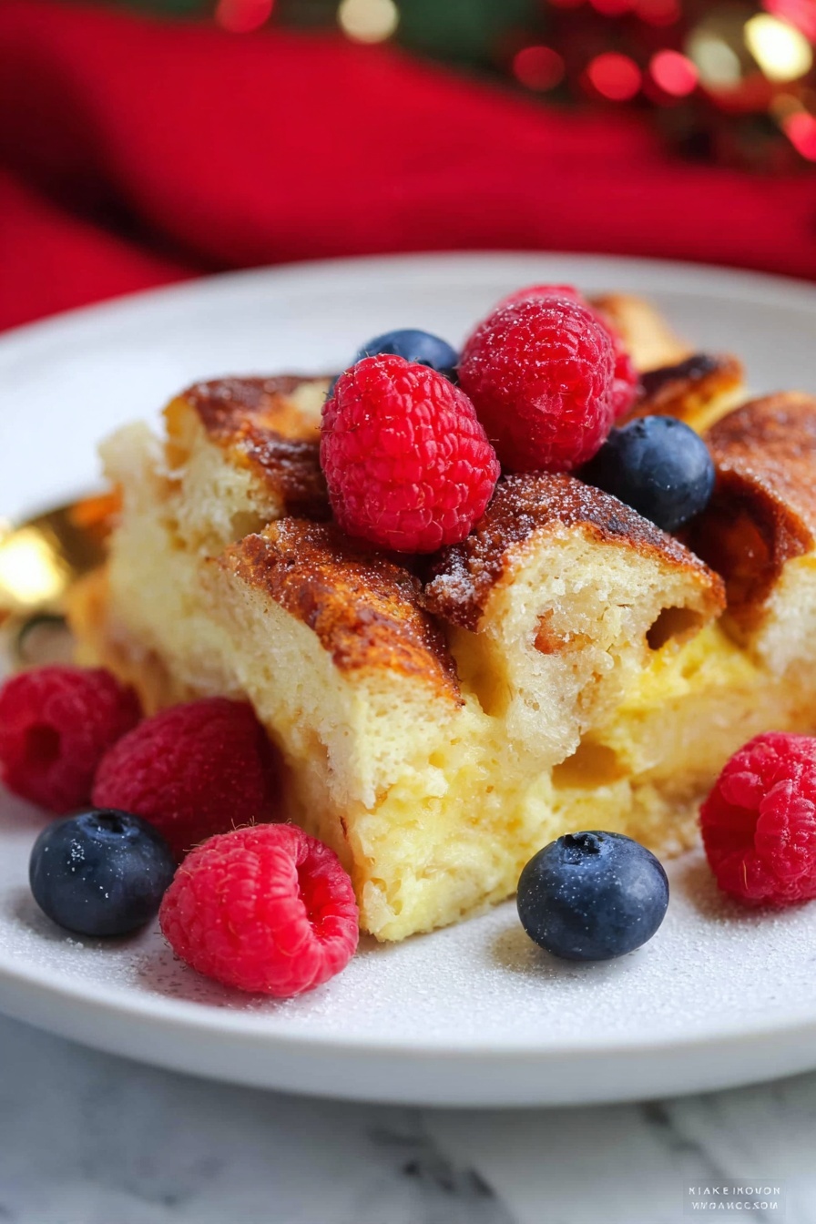 A close-up of a white plate with a single slice of bread pudding. The bread pudding has a thick base layer that is soft yellow and creamy, topped with a chunkier, golden-brown toasted bread layer with a rough texture. Scattered on and around the bread pudding slice are fresh red raspberries and deep blue blueberries that add bright, fresh color. The plate sits on a white marbled surface with a red cloth blurred in the background, giving a cozy feeling. photo taken with an iphone --ar 2:3 --v 7 - Eggnog French Toast Bake, Holiday Eggnog Breakfast, Christmas French Toast, Festive Breakfast Recipes, Make-Ahead Eggnog casserole