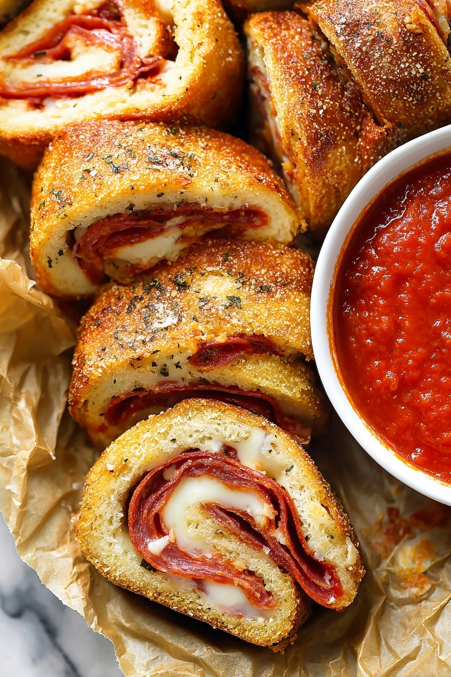 The image shows several golden brown rolls cut into thick slices arranged closely on a piece of crumpled parchment paper over a white marbled surface. Each slice has three visible layers: a crispy outer bread crust with a slightly coarse texture, a middle layer of melted white cheese, and an inner layer of thin red pepperoni slices. The rolls are sprinkled with finely ground herbs and parmesan cheese on the crust. On the right side, there is a small white bowl filled with smooth, bright red marinara sauce. The photo has a close-up focus, highlighting the textures and colors clearly, photo taken with an iphone --ar 2:3 --v 7 - Best Pepperoni Rolls, Pepperoni Rolls, Cheesy Pepperoni Rolls, Easy Pepperoni Rolls, Crowd-Pleasing Snack