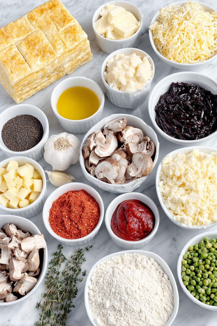 Flat lay of a fresh sheet of puff pastry, a small white ceramic bowl of golden olive oil, a whole yellow onion finely diced next to a heap of quartered cremini mushrooms and roughly chopped oyster mushrooms, a small mound of diced bright orange carrots, a small white bowl holding rich red tomato paste, a few peeled cloves of garlic, a few fresh thyme sprigs, a small pile of paprika powder, a small heap of black peppercorns, a small white bowl filled with deep red dry red wine, a few small diced gold potatoes, a small mound of all-purpose flour, a small bowl of soaked cashews, a white ceramic bowl filled with clear vegetable broth, a small white bowl with dark vegan Worcestershire sauce, a small white bowl with glossy low-sodium tamari, a small pile of bright green frozen peas, and a small white bowl of creamy non-dairy milk, all arranged symmetrically on a clean white marble surface, soft natural light, photo taken with an iPhone, professional food photography style, fresh ingredients, white ceramic bowls, no bottles, no duplicates, no utensils, no packaging --ar 2:3 --v 7 --p m7354615311229779997 - Vegan Mushroom Pot Pie, vegan mushroom pie, plant-based mushroom pot pie, dairy-free mushroom pot pie, vegetarian mushroom casserole