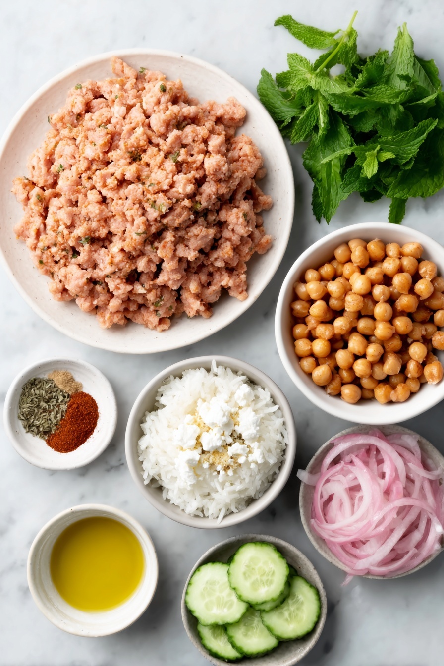 Flat lay of a small mound of ground chicken loosely piled, a half yellow onion finely diced, two tablespoons of extra-virgin olive oil in a small white bowl, a small white bowl holding mixed dried spices including cumin, oregano, paprika, turmeric, thyme, garlic powder, kosher salt, and black peppercorns, a portion of cooked jasmine rice fluffy and white on a simple white ceramic plate, a small white bowl filled with roasted chickpeas, several Persian cucumbers halved lengthwise and thinly sliced, thinly sliced vibrant pink pickled red onions arranged neatly, a torn piece of warm pita bread placed naturally, a small white bowl with crumbled feta cheese, fresh mint leaves and fresh chopped parsley laid artistically, all ingredients fresh and natural without packaging, arranged symmetrically and balanced on a clean white marble surface, soft natural light, photo taken with an iPhone, professional food photography style, fresh ingredients, white ceramic bowls, no bottles, no duplicates, no utensils, no packaging --ar 2:3 --v 7 --p m7354615311229779997 - Mediterranean Chicken Bowls, Mediterranean Chicken Bowls with Spiced Feta, easy Mediterranean chicken bowls, quick healthy dinner recipes, flavorful chicken bowls