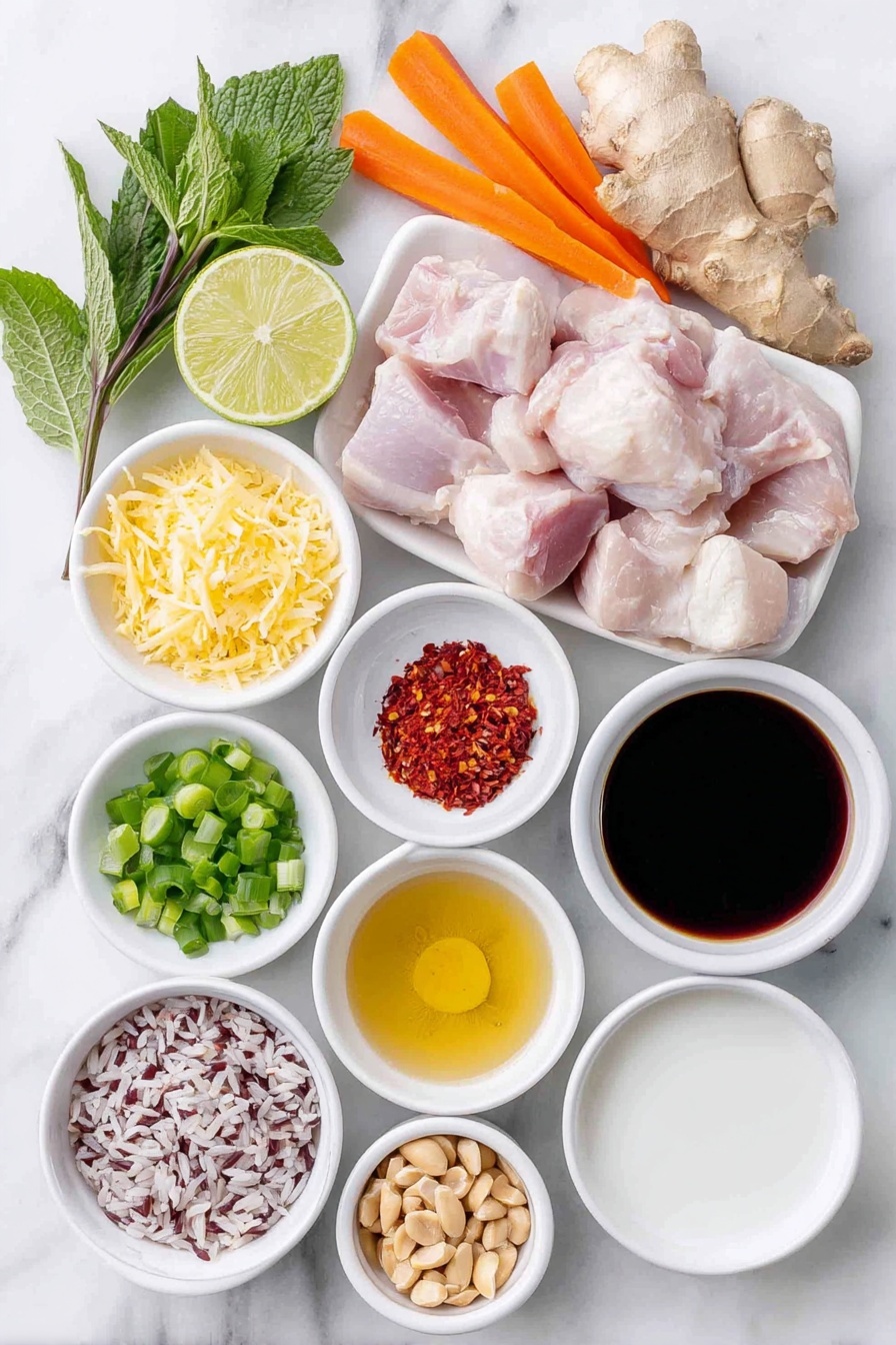 Flat lay of a small white ceramic bowl of toasted sesame oil, fresh green onions sliced into rounds, two medium orange carrots sliced on an angle, a small white bowl of freshly grated ginger root, a small white bowl of freshly grated turmeric root, six unpeeled garlic cloves whole and clean, a simple white ceramic bowl filled with clear chicken broth, a small white bowl of creamy light coconut milk, a small white bowl of dark low sodium soy sauce, a small white bowl of vibrant red chili paste, raw boneless skinless chicken thighs neatly arranged whole, a small mound of uncooked jasmine brown rice grains, a whole fresh lime cut in half showing juicy segments, a small white bowl of fresh diced green scallions, a small white bowl of roughly chopped fresh cilantro leaves, a small white bowl of torn fresh mint leaves, a small white bowl of torn fresh basil leaves, a small white bowl filled with chopped roasted peanuts—all ingredients fresh and natural, arranged symmetrically and balanced on a clean white marble surface, soft natural light, photo taken with an iPhone, professional food photography style, fresh ingredients, white ceramic bowls, no bottles, no duplicates, no utensils, no packaging --ar 2:3 --v 7 --p m7354615311229779997 - Ginger Coconut Chicken Soup with Brown Rice,healthy chicken soup with coconut milk,easy weeknight chicken soup,hearty Asian-inspired chicken soup,immune-boosting chicken and rice soup