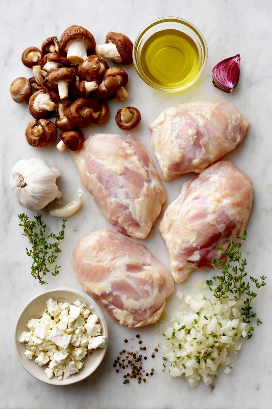 Flat lay of four bone-in, skin-on chicken breast halves arranged symmetrically, a small cluster of fresh mixed mushrooms including porcini, shiitake, and cremini roughly chopped, a small pile of chopped shallot, two whole uncracked garlic cloves, a small white ceramic bowl with a splash of white wine, a few sprigs of fresh Italian parsley, a few fresh thyme sprigs with leaves visible, a small heap of crumbled goat cheese, a small white ceramic bowl with golden olive oil, scattered kosher salt crystals and freshly ground black peppercorns all placed evenly in perfect symmetry on a clean white marble surface, soft natural light, photo taken with an iPhone, professional food photography style, fresh ingredients, white ceramic bowls, no bottles, no duplicates, no utensils, no packaging --ar 2:3 --v 7 --p m7354615311229779997 - Stuffed Chicken Breast with Mushrooms and Goat Cheese, stuffed chicken breast, mushroom and goat cheese chicken, elegant chicken dinner ideas, easy stuffed chicken recipes