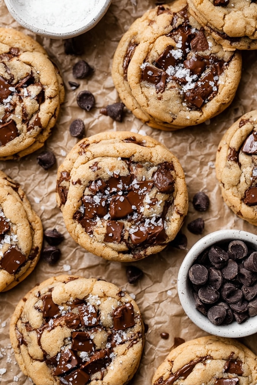 The image shows a close-up of several chocolate chip cookies on a white marbled surface. The cookies have a light golden-brown color with many dark chocolate chips scattered on top and inside. In the center, one cookie is split open in two layers, revealing a soft, moist, and slightly crumbly inside filled with melted dark chocolate pieces. The texture of the cookies appears soft and chewy with some smooth, shiny melted chocolate chips contrasting with the rough cookie dough. Photo taken with an iphone --ar 2:3 --v 7 - Vegan Chocolate Chip Cookies, vegan cookie recipe, dairy-free chocolate chip cookies, soft chewy vegan cookies, vegan baking recipes