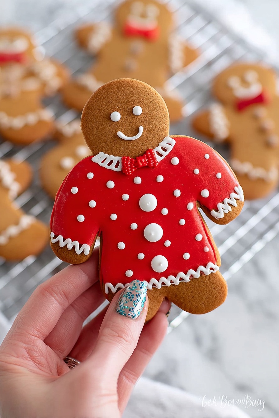 A close-up view of a gingerbread cookie shaped like a person being held by a woman's hand with painted nails showing beige, blue, and black designs. The cookie has a smooth, light brown texture and is decorated with a bright red icing sweater that has white dots all over and white zigzag lines on the edges. In the center of the sweater is a small gingerbread figure with white buttons and a red bow tie, smiling with black icing eyes and mouth. In the background, slightly blurred, are more gingerbread cookies on a white wire rack, and the whole scene is set on a white marbled surface photo taken with an iphone --ar 2:3 --v 7 - Gluten Free Gingerbread Men, gluten free holiday cookies, dairy free gingerbread cookies, low FODMAP gingerbread shapes, festive gluten free treats