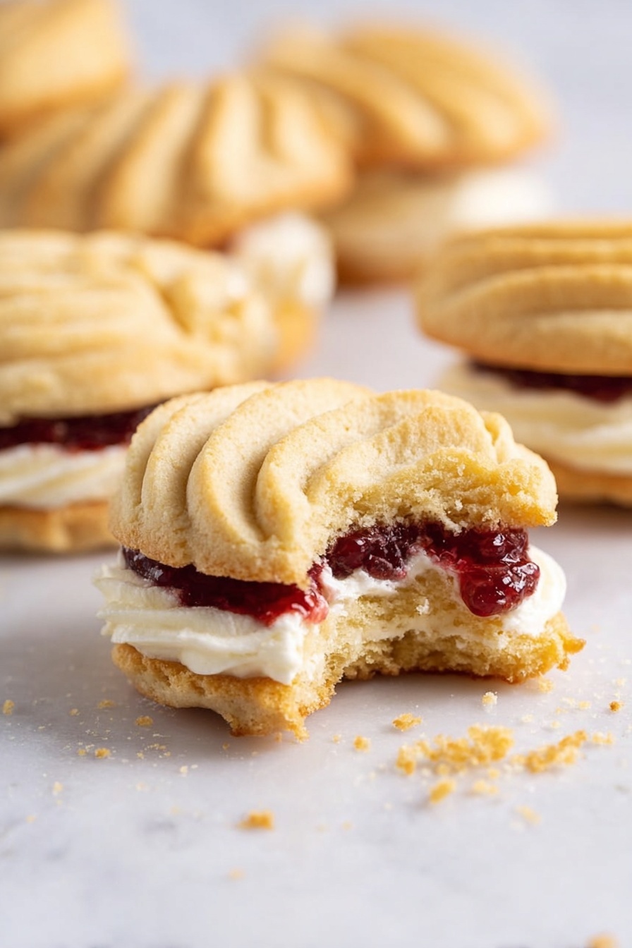 The image shows a close-up of a cream-filled cookie with three layers: a soft golden beige top cookie with swirled ridges, a middle layer of thick white cream, and a bottom layer of dark red jam sitting on another golden beige cookie base. The cookie in focus has a bite taken out, revealing a crumbly texture. In the blurred background, there are more of these cookies stacked casually. All cookies are placed on a white marbled surface with some crumbs scattered around. Photo taken with an iphone --ar 2:3 --v 7 - Viennese Whirls with Jam and Vanilla Buttercream, Viennese Whirls, butter cookies with jam and cream, elegant biscuit recipes, afternoon tea treats