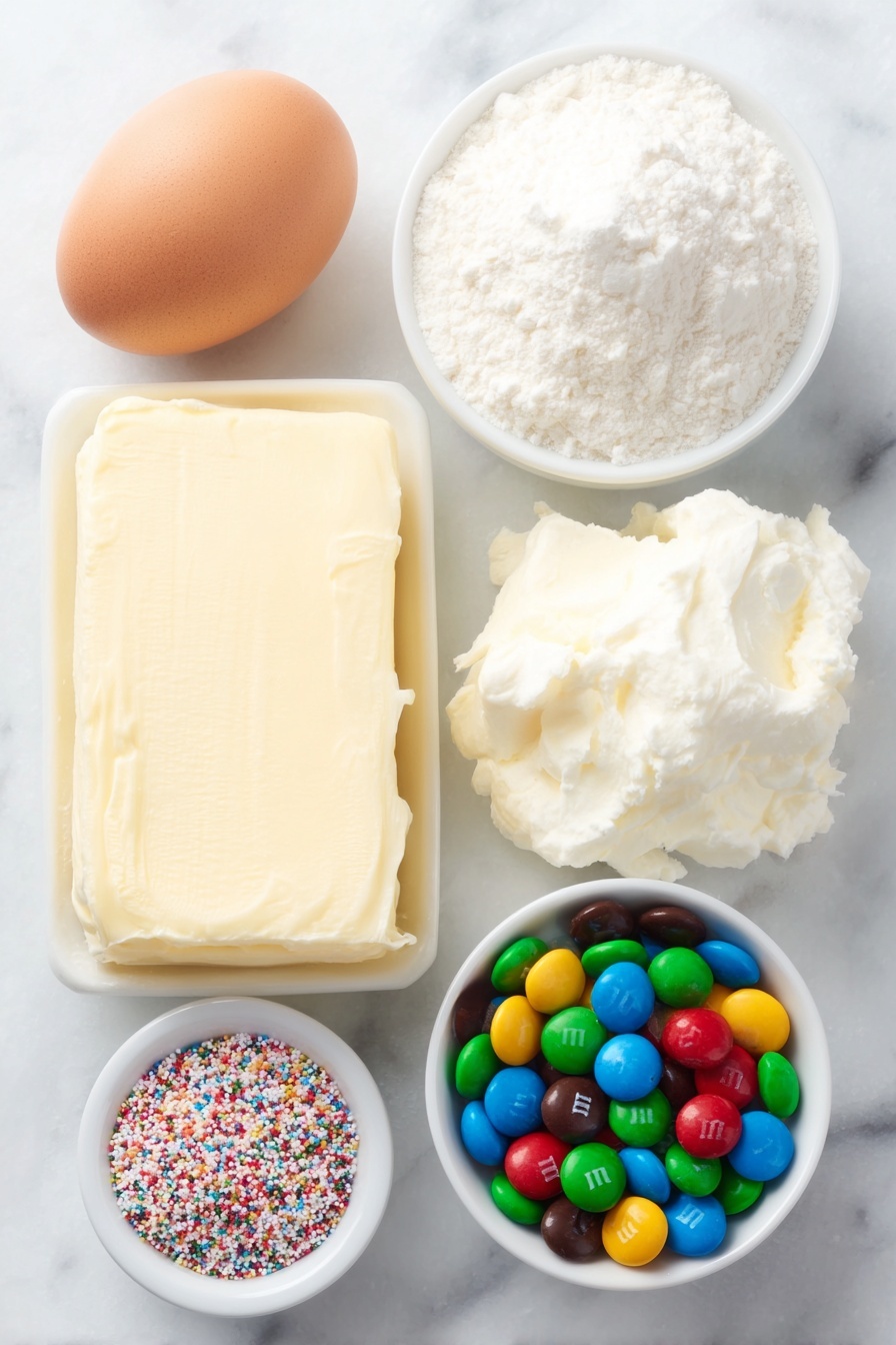 Flat lay of a small block of unsalted butter softened, a chunk of cream cheese with a smooth surface, one large whole egg with a clean shell, a small heap of all-purpose flour, a small pile of baking powder, a small white bowl filled with colorful sparkling sugar, and a neat circle of assorted colorful M&M candies all arranged symmetrically on a clean white ceramic plate and a small white ceramic bowl placed on a clean white marble surface, soft natural light, photo taken with an iPhone, professional food photography style, fresh ingredients, white ceramic bowls, no bottles, no duplicates, no utensils, no packaging --ar 2:3 --v 7 --p m7354615311229779997 - Poinsettia Cookies with M&Ms, holiday cookie ideas, festive sugar cookies, flower-shaped Christmas cookies, easy holiday cookie recipes