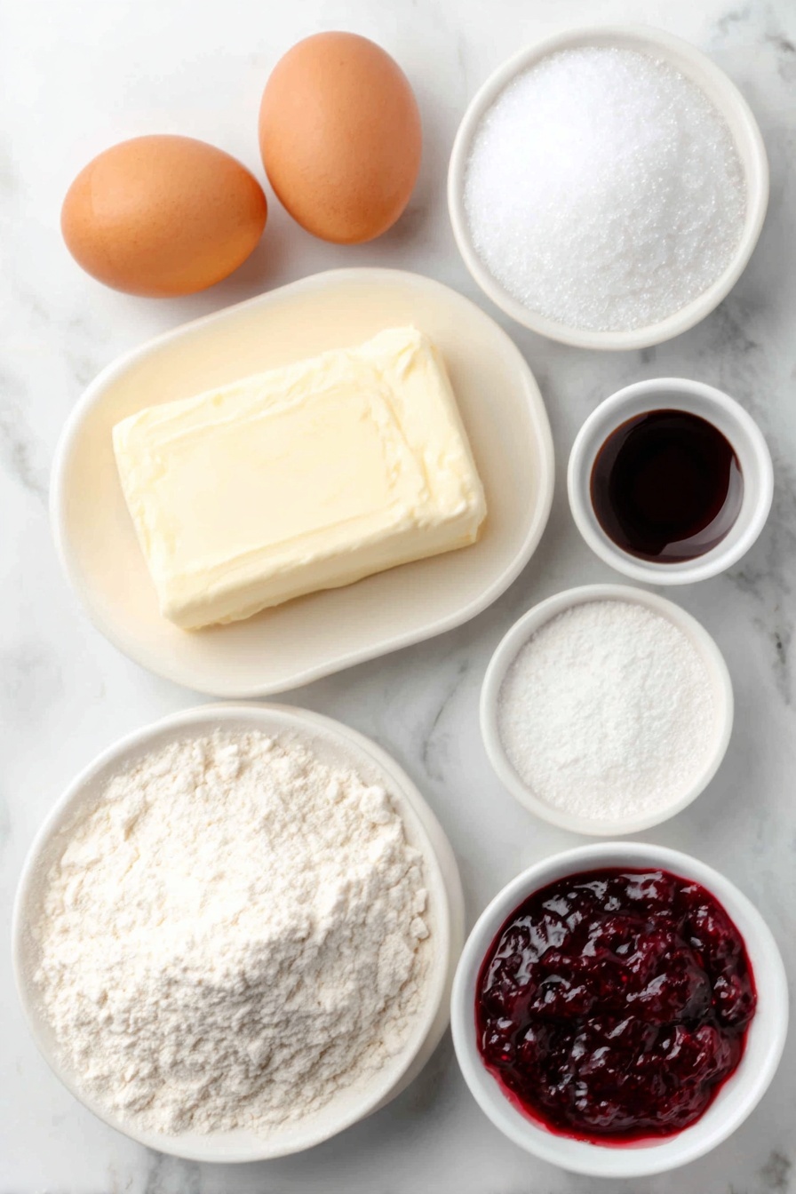 Flat lay of a soft block of unsalted butter, a small white bowl filled with granulated sugar, two large whole brown eggs with clean shells, a small white bowl holding clear vanilla extract, a small white bowl with almond extract, a neat mound of all purpose flour on a simple white ceramic plate, a small white bowl filled with vibrant red raspberry jam, and a small white bowl containing fine powdered sugar, all arranged symmetrically on a clean white marble surface, soft natural light, photo taken with an iPhone, professional food photography style, fresh ingredients, white ceramic bowls, no bottles, no duplicates, no utensils, no packaging --ar 2:3 --v 7 --p m7354615311229779997 - Soft Raspberry Jam Linzer Cookies, raspberry jam sandwich cookies, buttery Linzer cookies, homemade raspberry thumbprint cookies, tender fruit-filled cookies