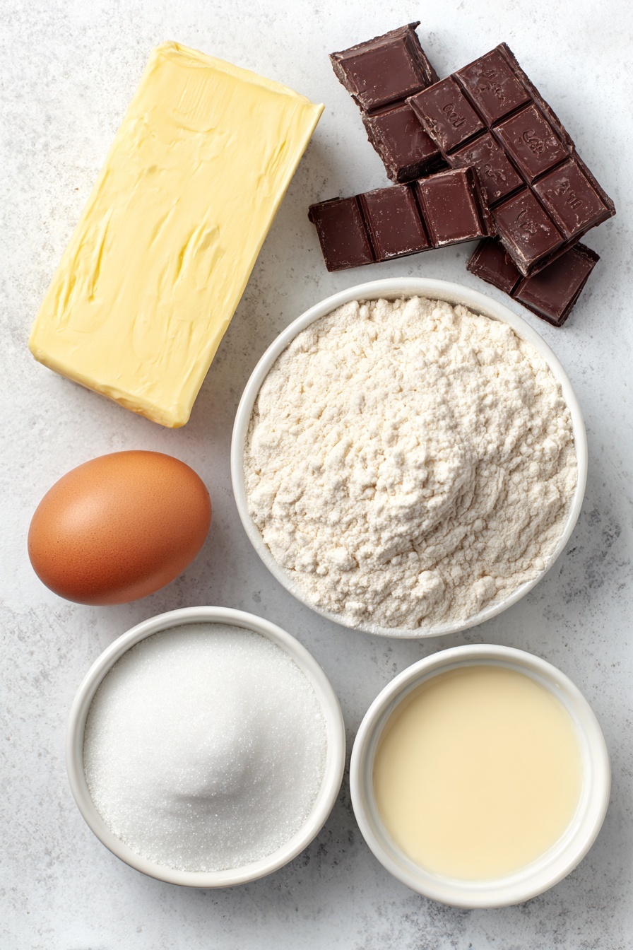 Flat lay of a small slab of smooth unsalted butter, a mound of finely sifted white icing sugar in a small white ceramic bowl, one whole brown egg with a clean shell, a small white ceramic bowl filled with plain all-purpose flour, a small white ceramic bowl holding glossy red strawberry jam, a few chunks of rich milk chocolate, and a small white ceramic bowl filled with pale vanilla extract, all arranged symmetrically on a clean white marble surface, soft natural light, photo taken with an iPhone, professional food photography style, fresh ingredients, white ceramic bowls, no bottles, no duplicates, no utensils, no packaging --ar 2:3 --v 7 --p m7354615311229779997 - Reindeer Cookies Without Jam, festive holiday cookies, chocolate Christmas cookies, easy Christmas cookies, adorable reindeer treat