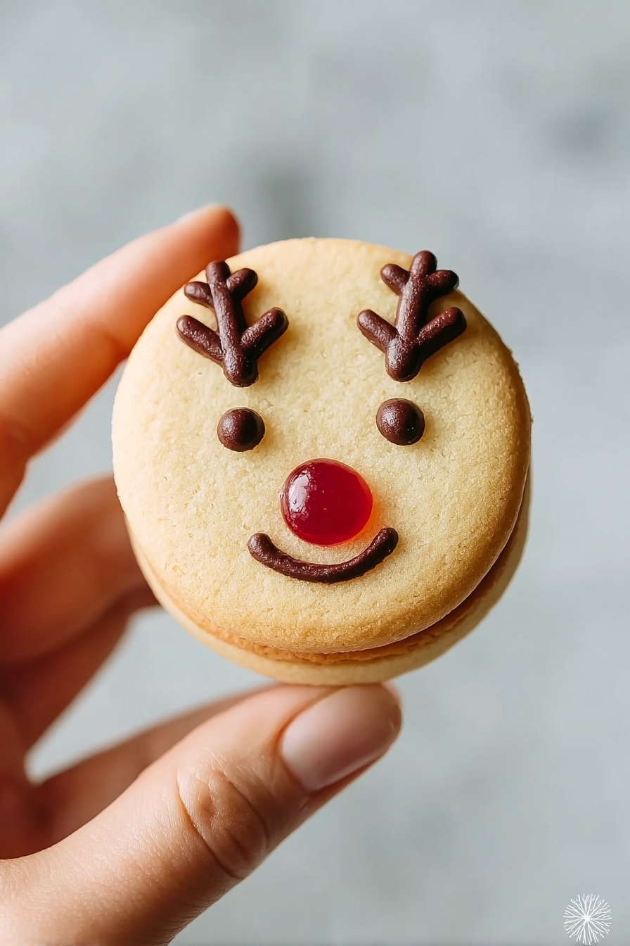 A round cookie with two light golden layers sandwiching a thin layer of dark orange filling in the middle. The top layer has a small round transparent red candy embedded near the bottom center, resembling a nose. Above the candy, two small dots of dark chocolate are placed as eyes, and above them, two chocolate antler shapes are drawn. The cookie is held between the thumb and the index finger of a woman's hand with a light skin tone. The background is a soft, blurred white marbled texture. photo taken with an iphone --ar 2:3 --v 7 - Reindeer Cookies Without Jam, festive holiday cookies, chocolate Christmas cookies, easy Christmas cookies, adorable reindeer treat